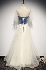 Prom Dress Sleeve, Elegant Ivory And Blue Flowy Princess Prom Dresses For Teens Long Homecoming Dresses
