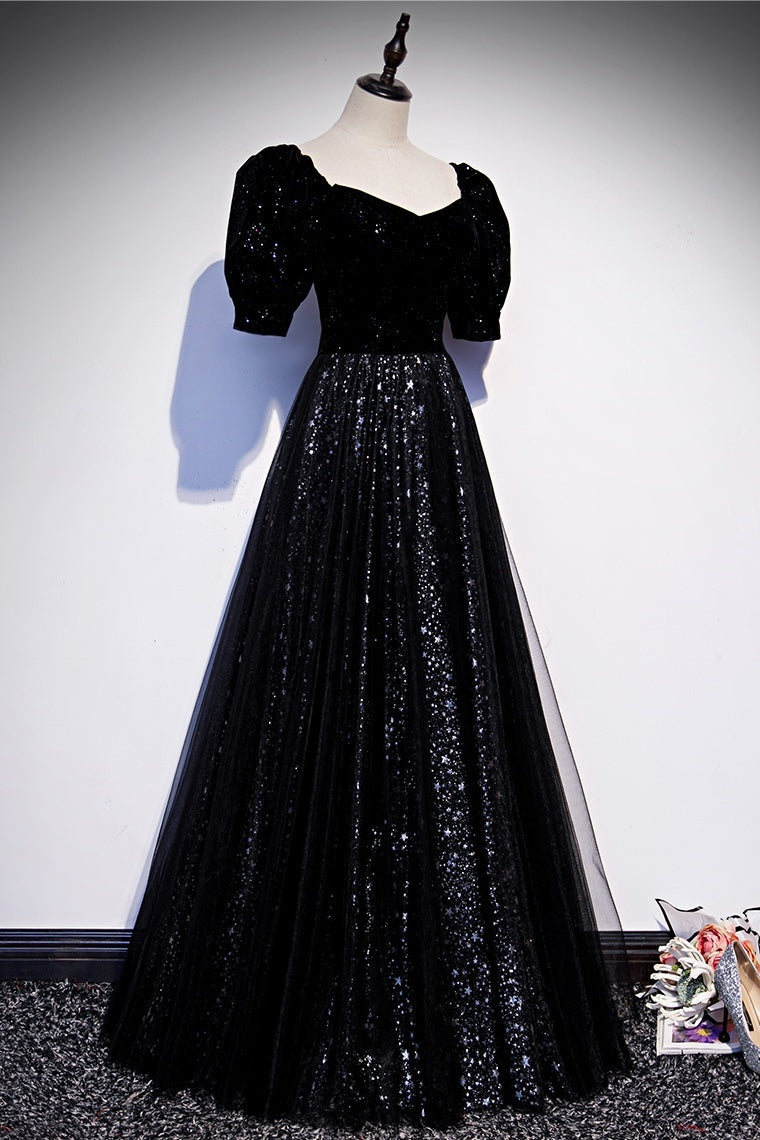 Party Dress Shops Near Me, Modest Sparkly Black Long A-line Prom Dresses With Sleeves Evening Gowns