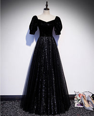 Party Dress Formal, Modest Sparkly Black Long A-line Prom Dresses With Sleeves Evening Gowns