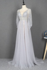 Prom Dress For Teens, Amazing Long Gray Beading Prom Dresses Modest Evening Gowns