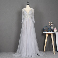 Prom Dress Short, Amazing Long Gray Beading Prom Dresses Modest Evening Gowns