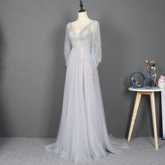 Prom Dress With Pockets, Amazing Long Gray Beading Prom Dresses Modest Evening Gowns