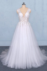 Wedding Dresses Prices, Flowy A-line Long V-neck Lace Tulle Beach Wedding Dresses Bridal Gowns