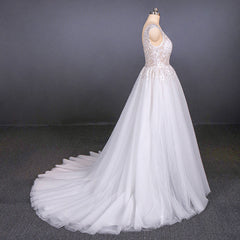 Wedding Dress Price, Flowy A-line Long V-neck Lace Tulle Beach Wedding Dresses Bridal Gowns