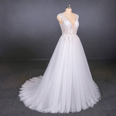 Wedding Dress Pricing, Flowy A-line Long V-neck Lace Tulle Beach Wedding Dresses Bridal Gowns