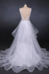 Wedding Dress Uk, Charming V-neck Lace Wedding Dresses Elegant Backless Wedding Gowns