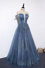 Party Dress For Night, Lovely Tight A-line Lace Up Blue Prom Dresses For Girls Party Dresses