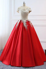 Party Dress Style Shop, Modest Red Cap Sleeves Ball Gowns Lace Satin Prom Dresses Evening Dresses