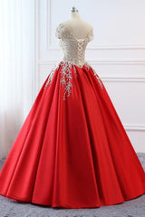 Party Dress In Store, Modest Red Cap Sleeves Ball Gowns Lace Satin Prom Dresses Evening Dresses