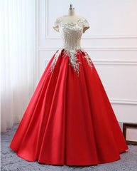 Party Dresses In Store, Modest Red Cap Sleeves Ball Gowns Lace Satin Prom Dresses Evening Dresses