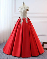 Party Dresses 2027, Modest Red Cap Sleeves Ball Gowns Lace Satin Prom Dresses Evening Dresses