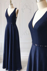 Party Dress Dresses, Navy Blue V-neck Floor Length Simple Cute Long Prom Dresses