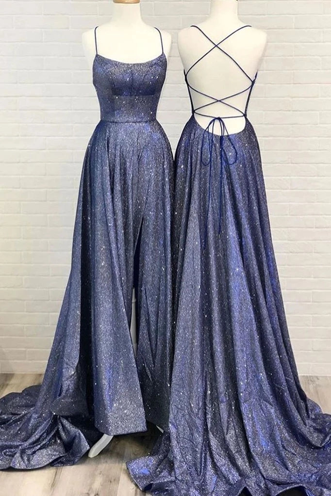 Formal Dress Ballgown, Beautiful Spaghetti Straps Backless Long Blue Party Prom Dresses