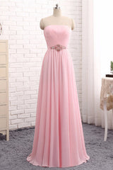 Evening Dresses Yde, Elegant Strapless A-line Pink Chiffon Long Prom Dresses Girly Dresses
