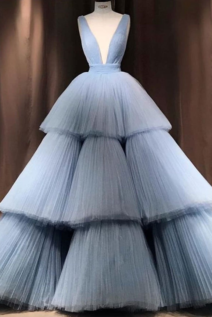 Party Dress For Teens, Modest Ball Gown Long V-neck Light Blue Princess Prom Dresses Quinceanera Dresses