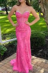 Party Dresses Websites, Mermaid Sweetheart Hot Pink Lace Appliques Prom Dresses
