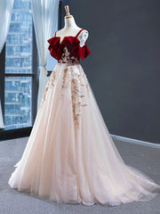 Prom Dresses Modest, Uniquedresss Vintage Red Straps Tulle Formal Dress, Elegant Applique Prom Dress