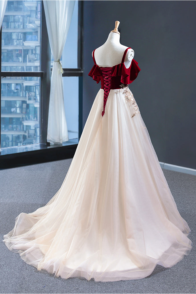 Prom Dresses Curvy, Uniquedresss Vintage Red Straps Tulle Formal Dress, Elegant Applique Prom Dress