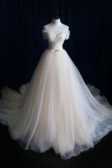 Wedding Dress Customizations, Elegant V Neck Off-shoulder Tulle Pleat Sweep Train Wedding Dresses
