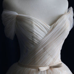 Wedding Dress Styles 2022, Elegant V Neck Off-shoulder Tulle Pleat Sweep Train Wedding Dresses