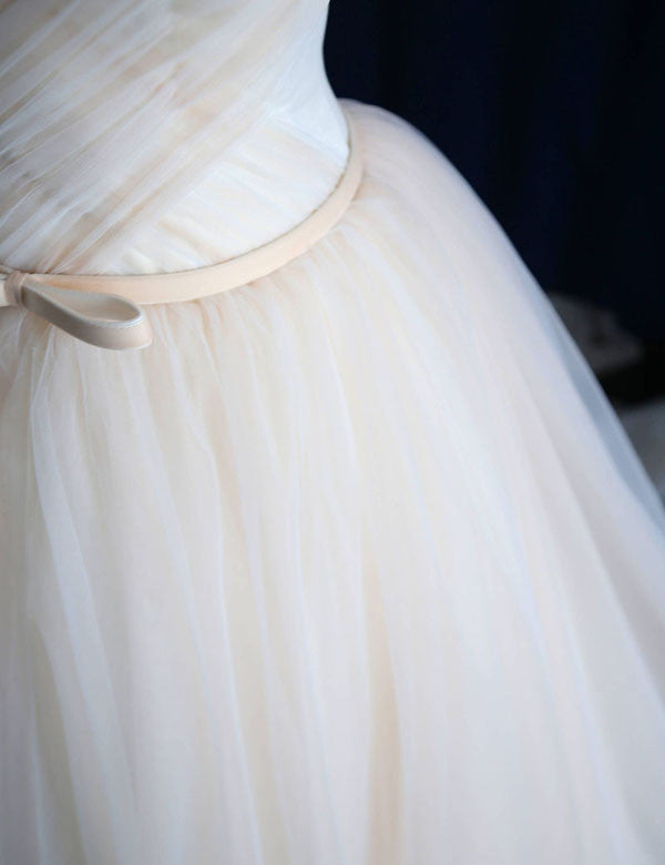 Wedding Dress Modern, Elegant V Neck Off-shoulder Tulle Pleat Sweep Train Wedding Dresses