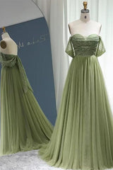 Prom Dresses A Line, Off the Shoulder Beaded Green Tulle Long Prom Dress, Off Shoulder Green Formal Dress, Beaded Green Evening Dress