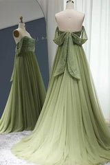 Prom Dresses 2017, Off the Shoulder Beaded Green Tulle Long Prom Dress, Off Shoulder Green Formal Dress, Beaded Green Evening Dress