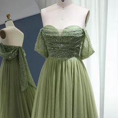 Prom Dresses Outfits, Off the Shoulder Beaded Green Tulle Long Prom Dress, Off Shoulder Green Formal Dress, Beaded Green Evening Dress