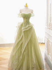 Prom Dress Unique, Off the Shoulder Green Tulle Long Beaded Prom Dresses, Off Shoulder Green Tulle Long Formal Evening Dresses
