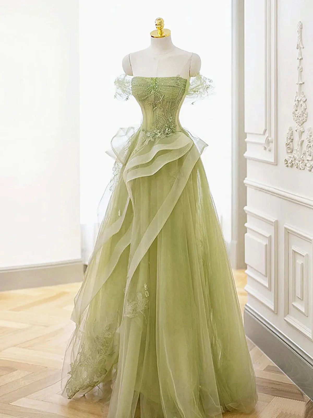 Prom Dress Beautiful, Off the Shoulder Green Tulle Long Beaded Prom Dresses, Off Shoulder Green Tulle Long Formal Evening Dresses