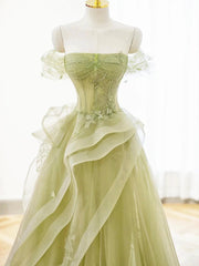 Prom Dresses Unique, Off the Shoulder Green Tulle Long Beaded Prom Dresses, Off Shoulder Green Tulle Long Formal Evening Dresses
