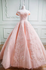 Long Formal Dress, Gorgeous Pink Off The Shoulder Ball Gown Prom Dresses With Appliques