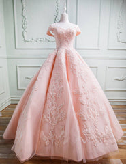 Prom Dress Sleeve, Gorgeous Pink Off The Shoulder Ball Gown Prom Dresses With Appliques