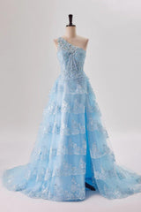 Royal Dress, One Shoulder Light Blue Appliques Ruffle Formal Dress