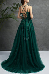 Prom Dress For Girl, Open Back Dark Green Tulle Lace Long Evening Dress, Dark Green Lace Formal Dresses