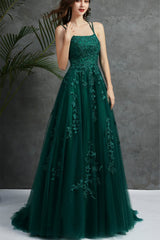 Prom Dresses For Short Girl, Open Back Dark Green Tulle Lace Long Evening Dress, Dark Green Lace Formal Dresses
