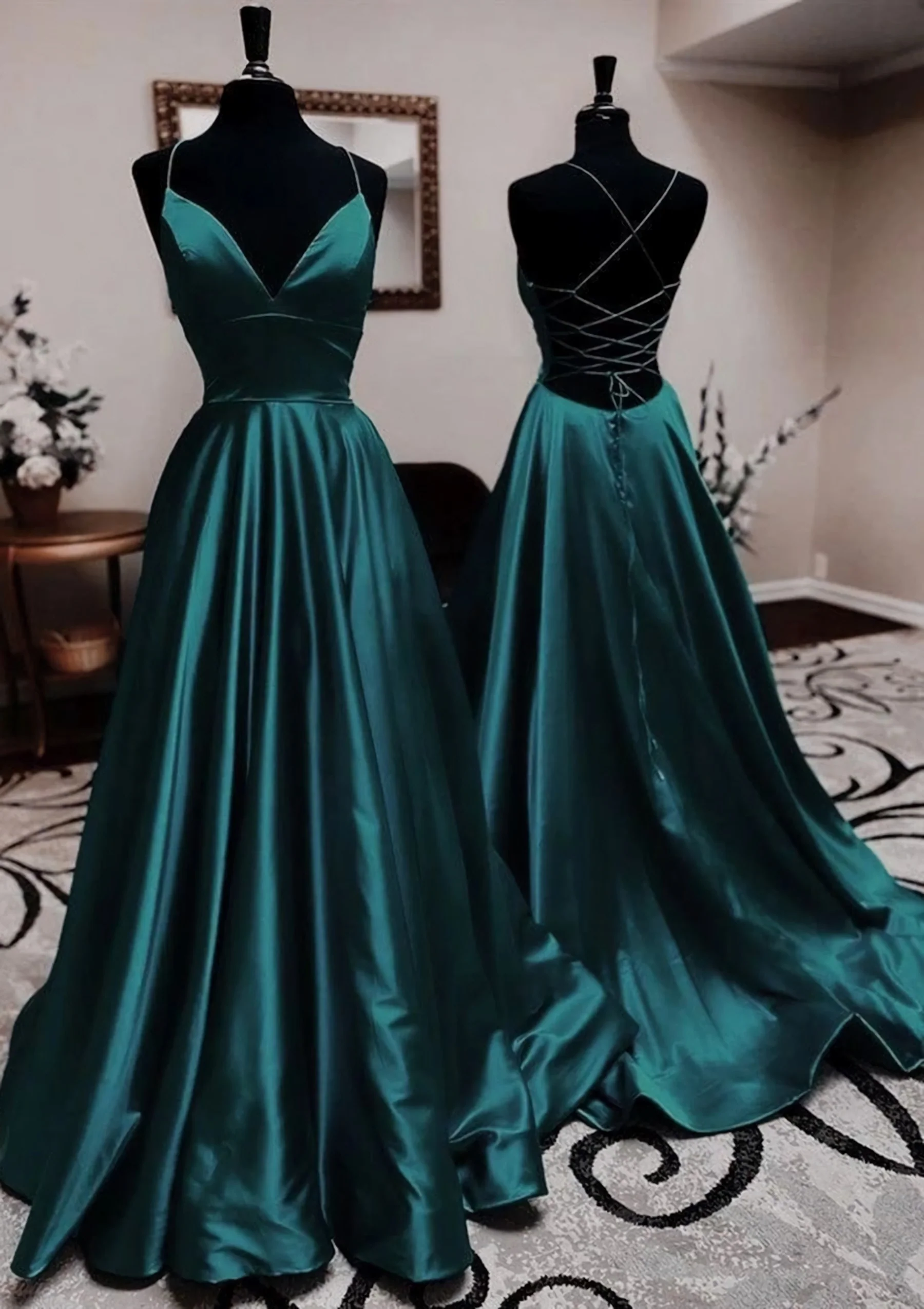 Fancy Dress, Sexy A Line Dark Green Satin Backless Prom Dresses 21th Birthday Outfit
