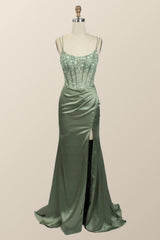 Prom Dress Black, Sage Green Lace Appliques Mermaid Long Formal Dress