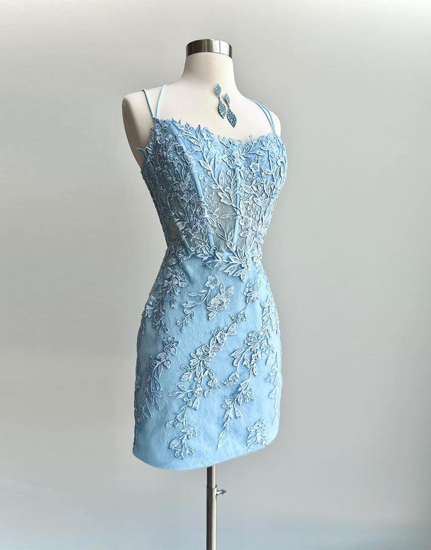 Chiffon Dress, Pretty Blue Spaghetti Straps Short Tight Homecoming Dress With Appliques