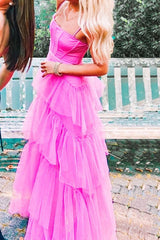 Bridesmaids Dress Gold, Fashion Hot Pink Layered Ruffles Evening Gown A Line Tulle Long Prom Dresses