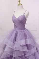 Prom Dress, Princess Lavender Sparkly Spaghetti Straps Long Prom Dress Floor Length Evening Gown