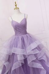 Prom Dress Modest, Princess Lavender Sparkly Spaghetti Straps Long Prom Dress Floor Length Evening Gown