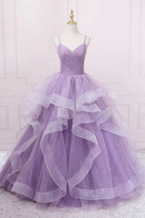 Prom Dress Emerald Green, Princess Lavender Sparkly Spaghetti Straps Long Prom Dress Floor Length Evening Gown