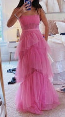 Bridesmaid Dress Gold, Fashion Hot Pink Layered Ruffles Evening Gown A Line Tulle Long Prom Dresses