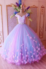 Prom Dress Yellow, Princess Pink and Blue Ball Gown Prom Dresses with Flowers, Quinceanera Dresses