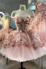 Princess Sparkly Sweetheart Prom Dresses with 3d Flowers, Pink Quinceanera Dresses
