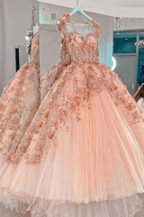 Prom Dresses Store, Princess Sparkly Sweetheart Prom Dresses with 3d Flowers, Pink Quinceanera Dresses