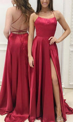 Bridesmaids Dresses Champagne, Casual Red Simple Spaghetti Straps Backless Sweep Train Backless Prom Dresses With Pockets