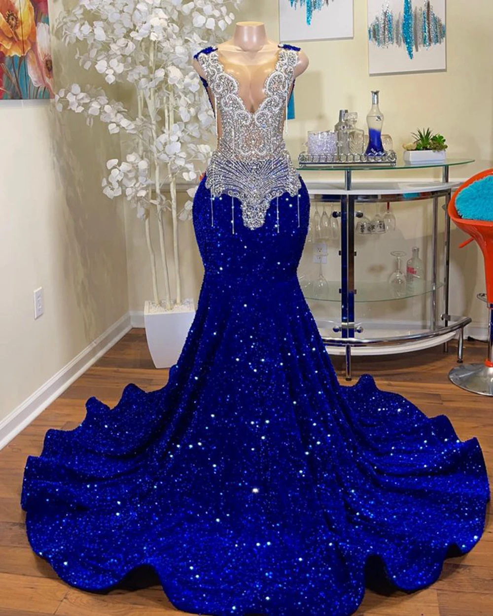 Prom Dress Floral, Mermaid Style Royal Blue Long Prom Dresses,Luxury Sparkly Crystals Diamond Black Girls