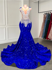 Prom Dresses For Skinny Body, Mermaid Style Royal Blue Long Prom Dresses,Luxury Sparkly Crystals Diamond Black Girls